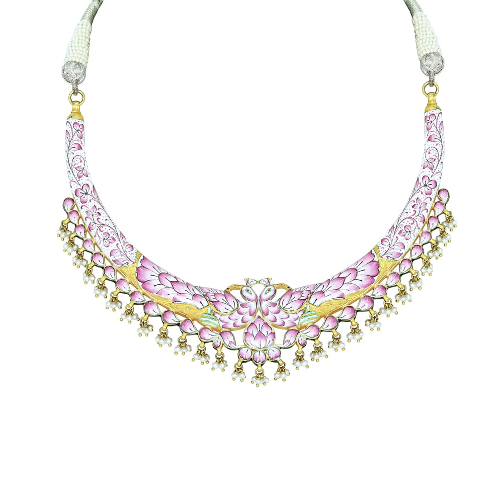 Hasli Necklace with Pink Enamel and Polki Pearls